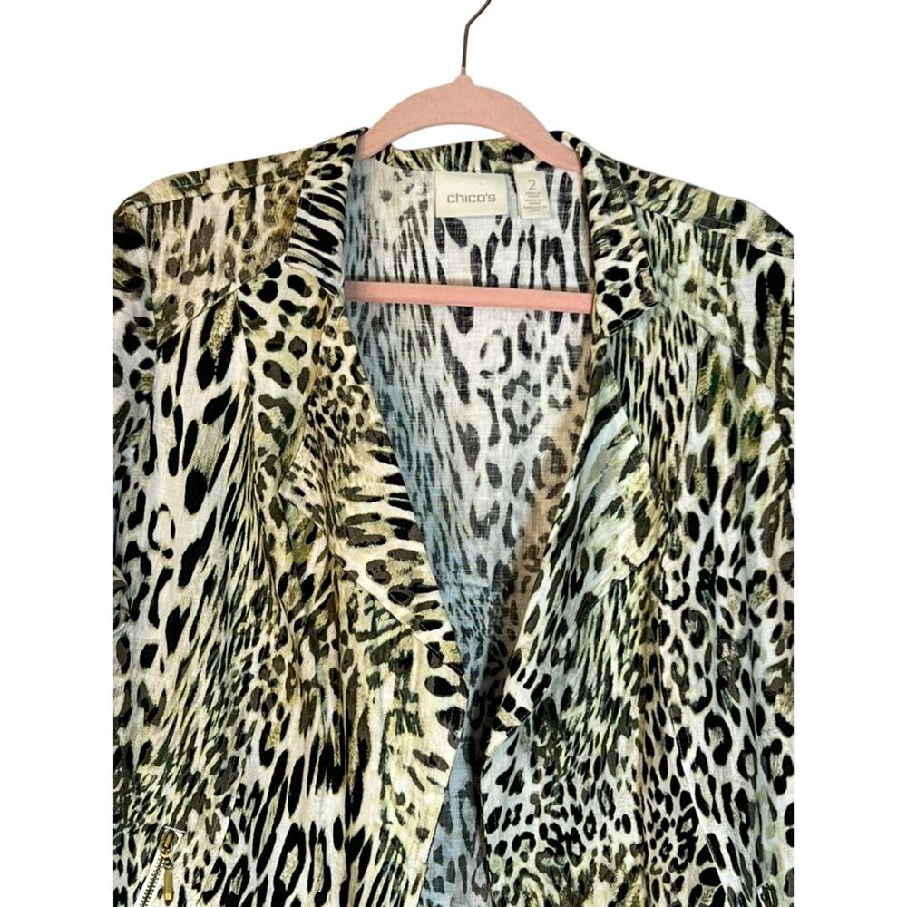Chico's Animal Print 100% Linen Zipper Pockets Moto Open Blazer Size 2 - Picture 2 of 9